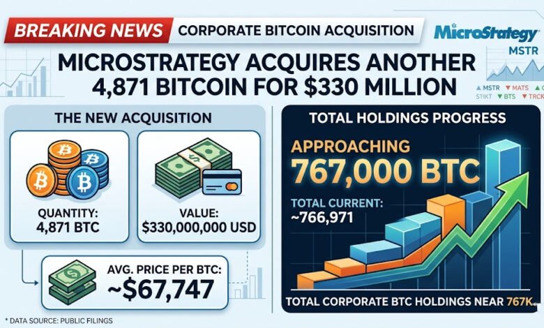 MicroStrategy Buys 4,871 Bitcoin for $330M, Nears 767K BTC Holdings